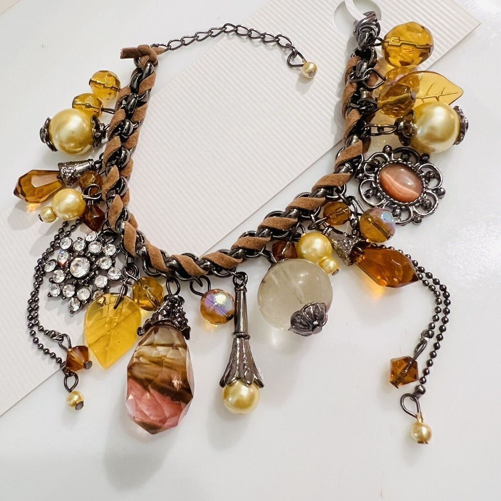 Art Glass Dangle Charm Bracelet Faux Pearl Leather Rhinestone Dangle Earth Tone